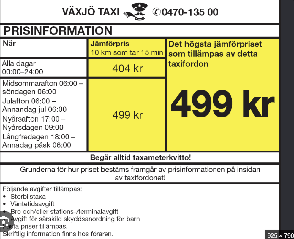Verklig prisinformationsdekal där jämförpriset gäller en typresa på 10 kilometer som tar 15 minuter.